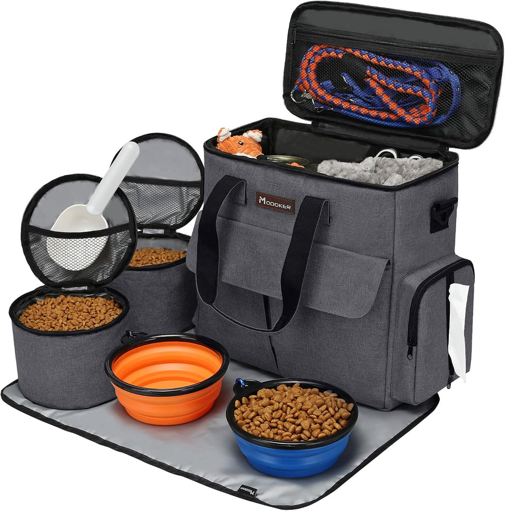 Modoker Weekend Dog Travel Bag with 2 Food Bags, 2 Bowls and Mat, Dark Gray