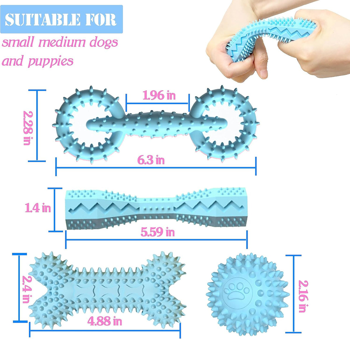 4-Pack Soft Rubber Puppy Teething Toys for 2-8 Months Puppies,Blue | Chew Toys for Small & Medium Dog,Durable Bone Ball Donut,Teeth cleaning,food dispensing,Keeps Them Busy, Dental Textured