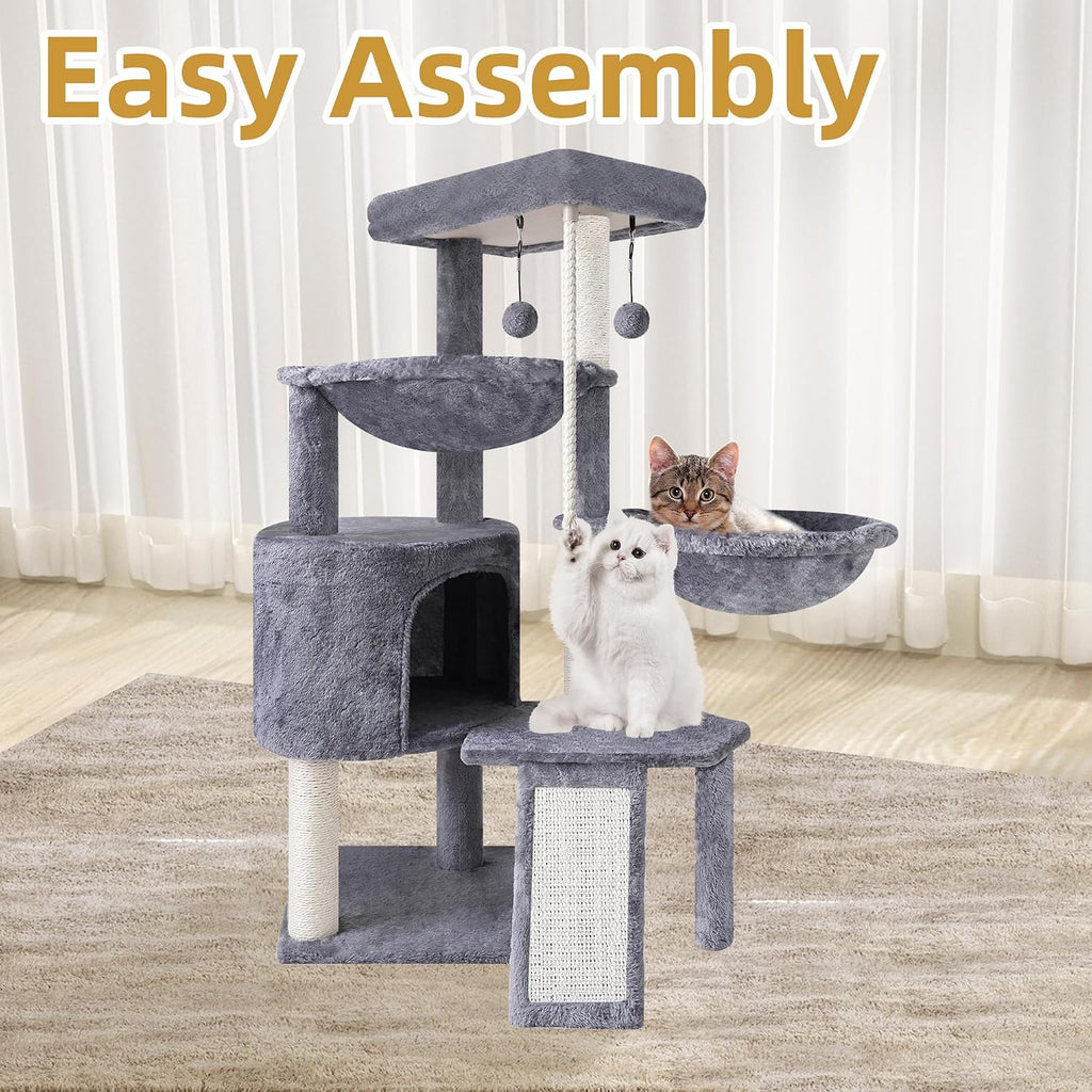 Three Layer Cat Tree with Cat Condo and Two Hammocks,Grey