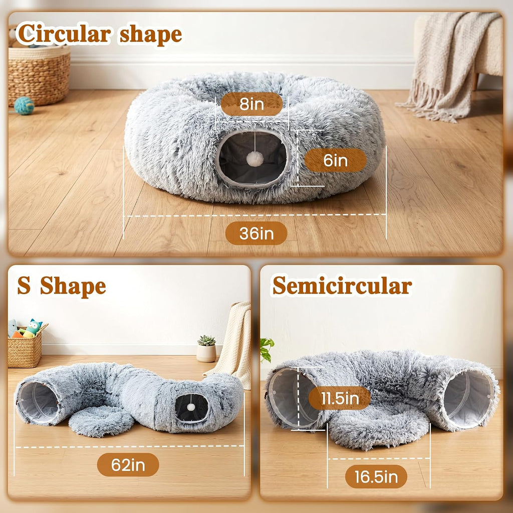 Cat Tunnel Bed for Indoor Cats, Plush Hideaway with Reinforced Frame