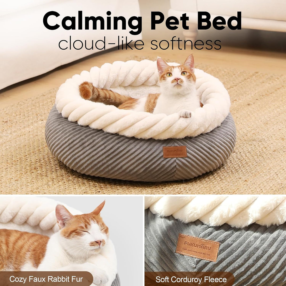 FUKUMARU Cute Round Cat Bed, Calming Donut Small Dog Beds, Washable