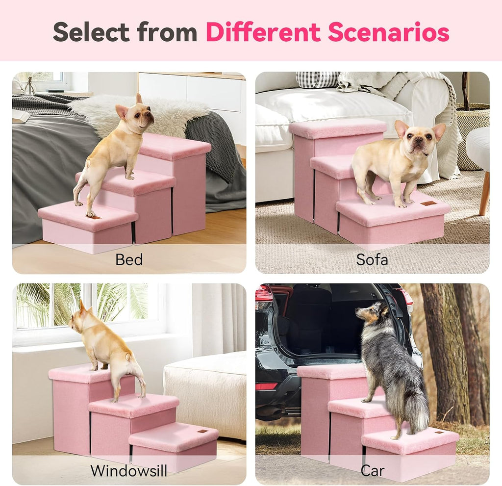 Zerbuger Dog Stairs with Storage, Pink Furry Lids 3 Steps Dog Ramp no Condo