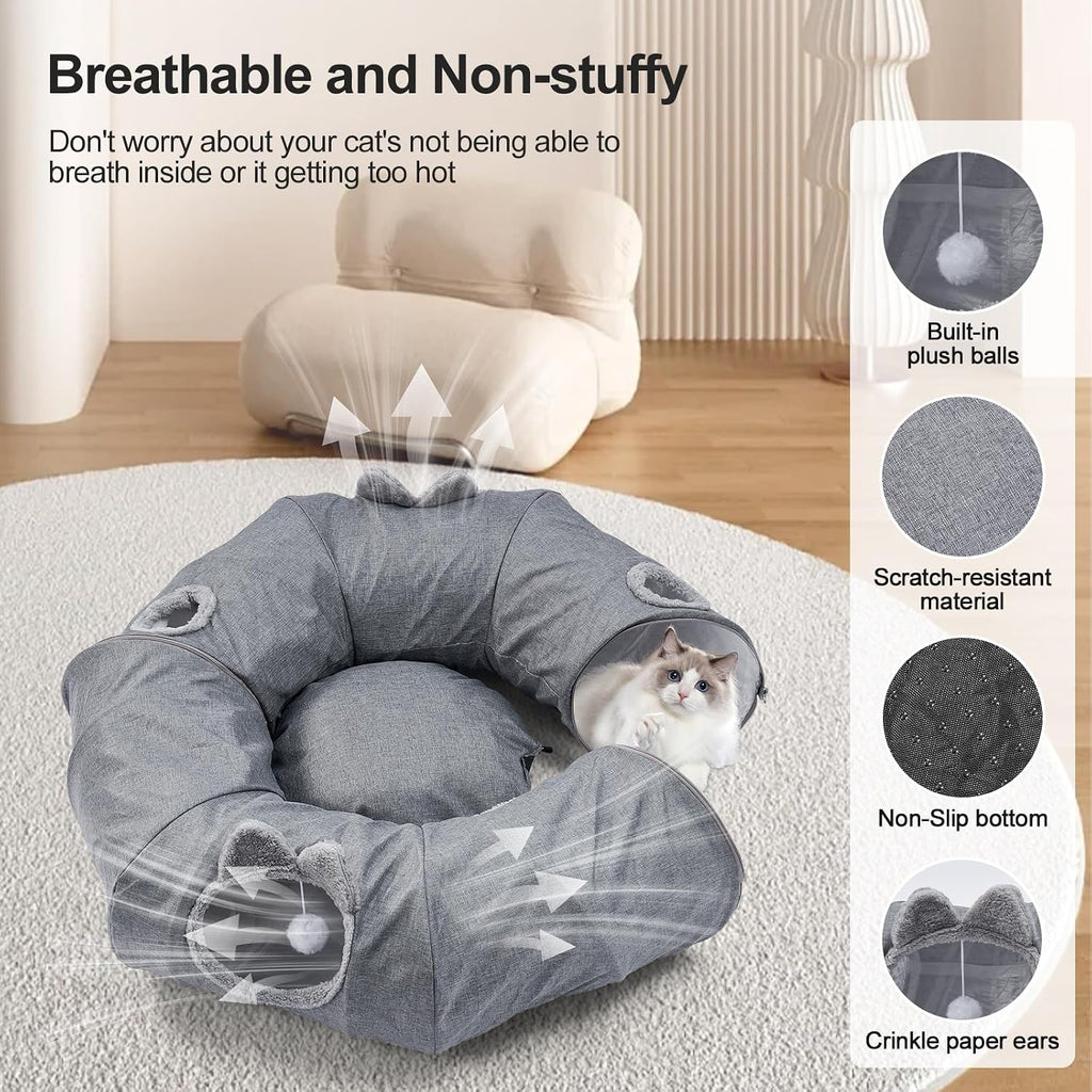 Odoland Linen Cat Tunnels & Central Cat Bed with 9 Interactive Cat Toys