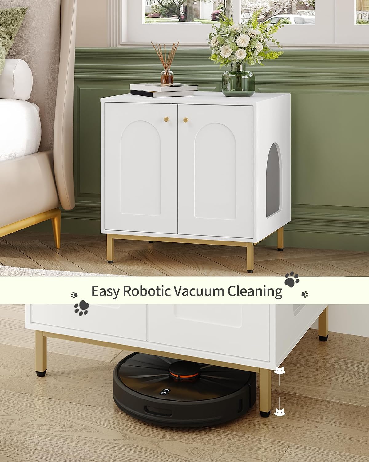 Hzuaneri Cat Litter Box Enclosure, Hidden Litter Box Furniture, Sisal Mat | Wooden Indoor Cat Cabinet, Modern Cat Washroom, Side End Table, for Living Room, Bedroom, White and Gold CB81203G