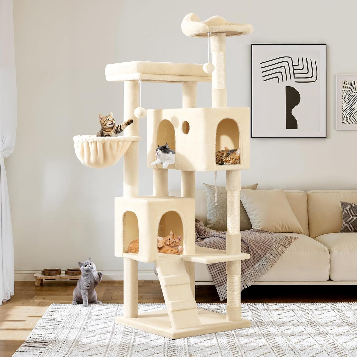 Allewie 64 Inches Multi-Level Cat Tree Tower for Indoor Cats, Beige