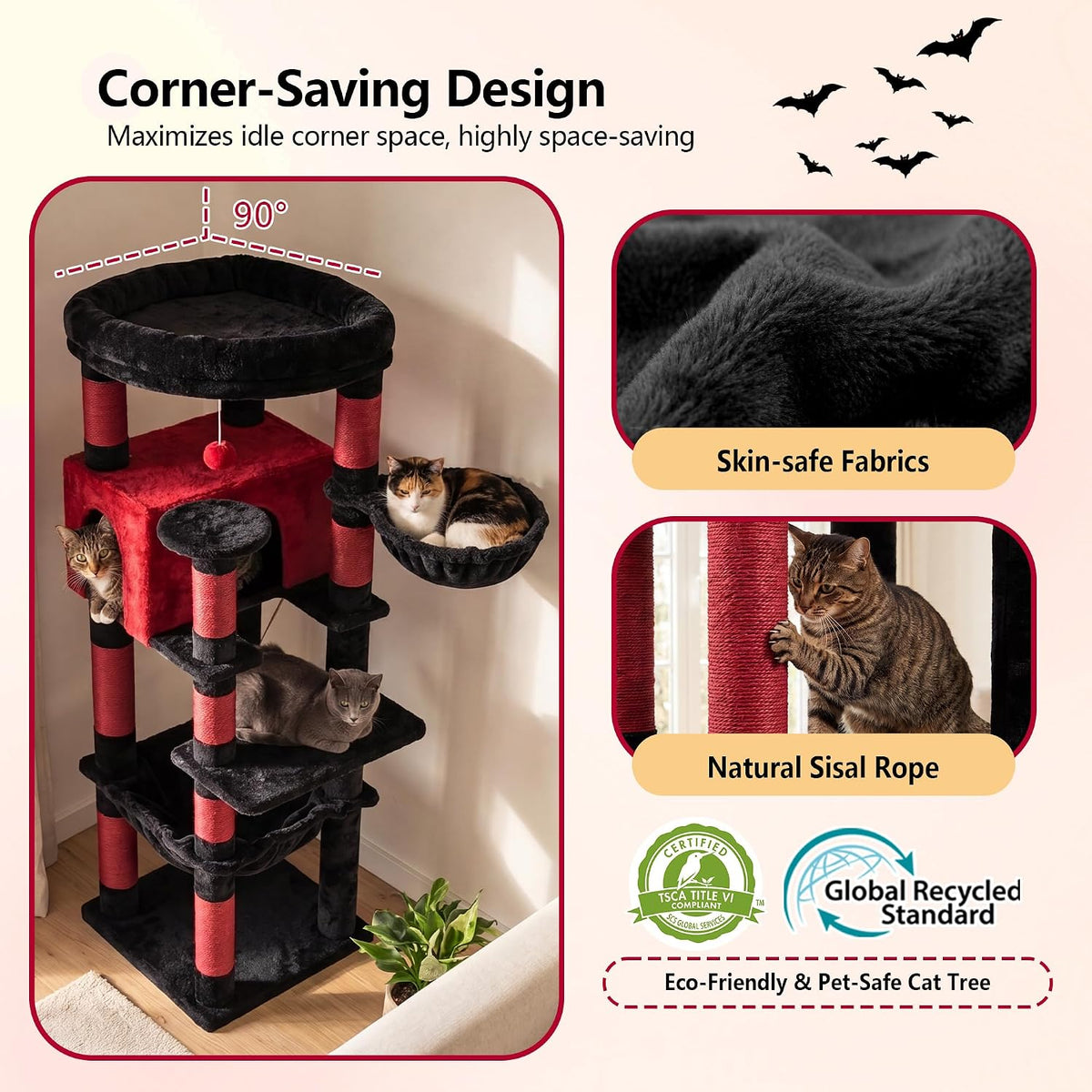 Heybly 53.1" Corner Cat Tree for Large Cats – Interactive Play HCT029BR