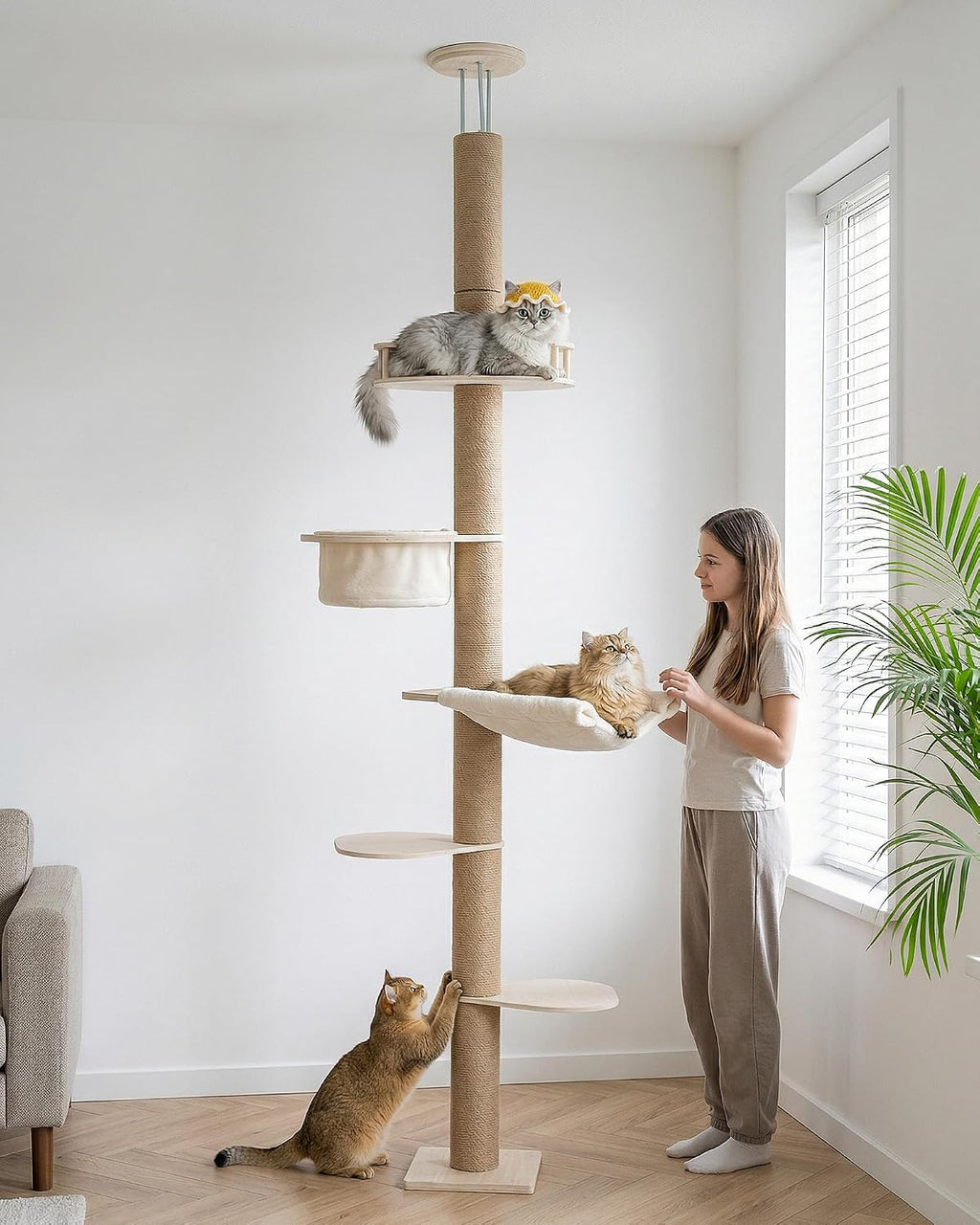 Aechonow 9ft Floor to Ceiling Cat Tree for Large Cats, 5'' Deep Hammock