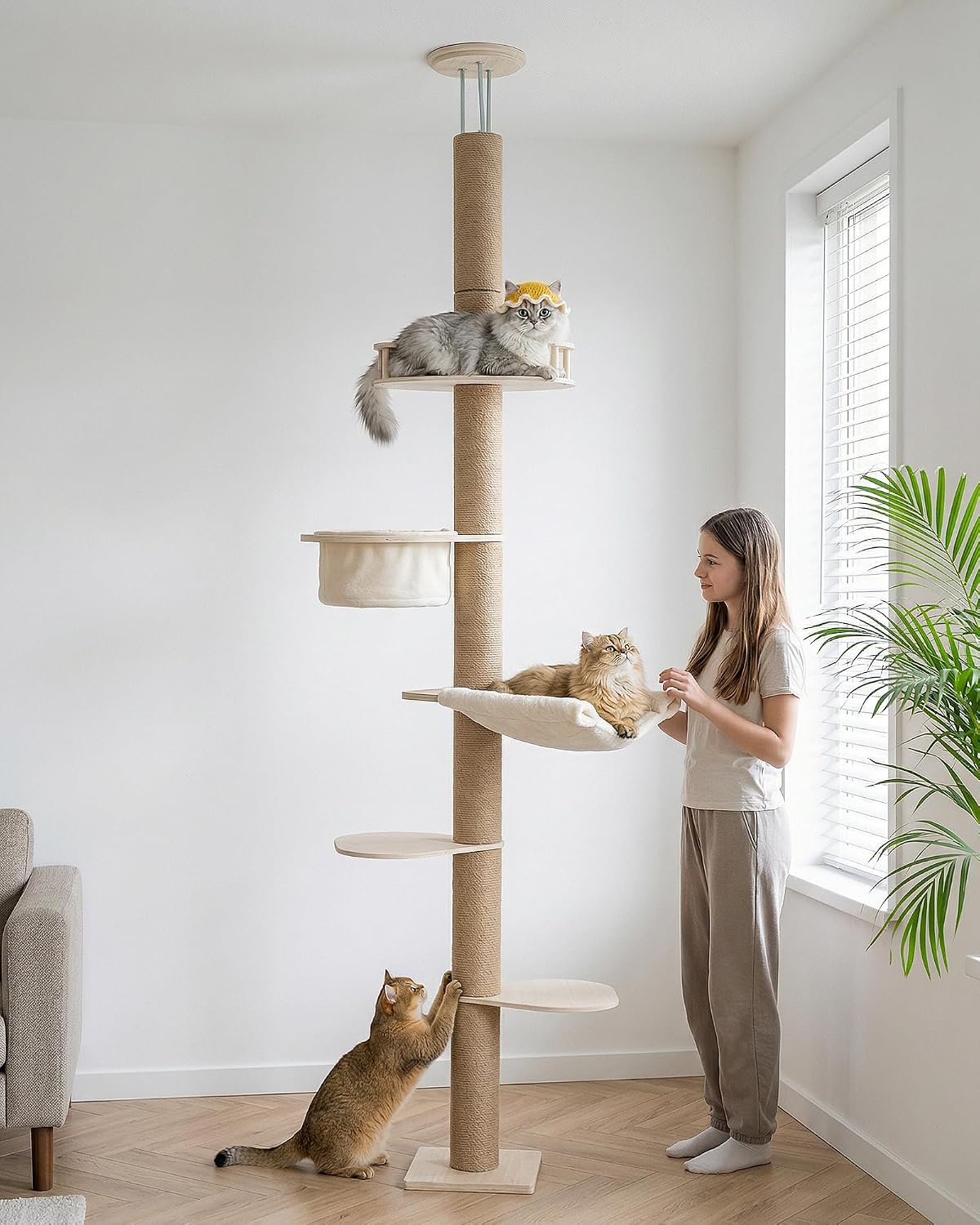 Aechonow 9ft Floor to Ceiling Cat Tree for Large Cats, 5'' Deep Hammock