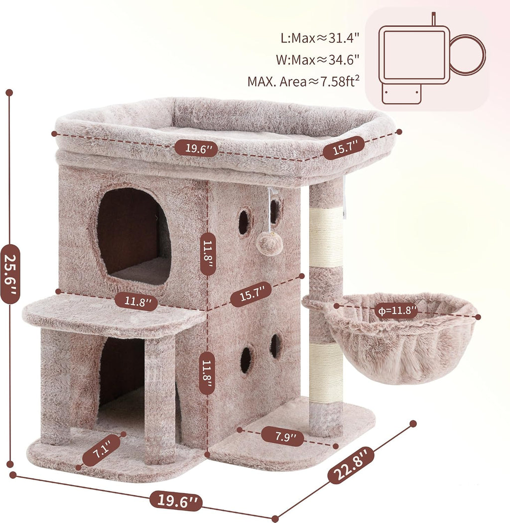 Heybly 25.6" Cat Tree for Large Cats with Big Perch & Dual Condos HCT204SMU