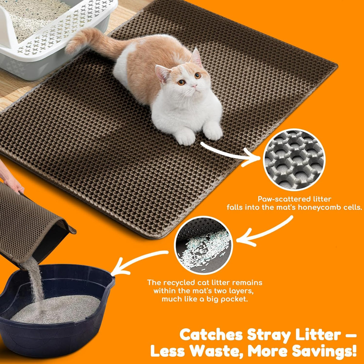 Cat Litter Mat 31"x24",Double Layer EVA Litterbox Mat Brown | Extra Large Honeycomb, Waterproof & non-slip, Odor-free, easy clean, washable durable floor protector,scatter control