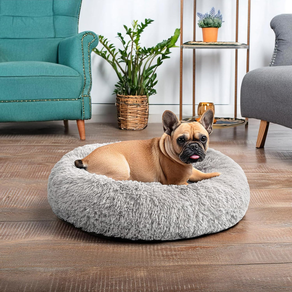 PetAmi Calming Donut Dog Bed, Washable Faux Fur, 23 Inch Small, Light Grey
