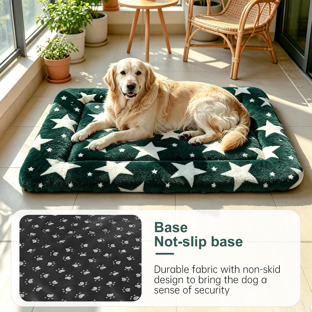 Dog Bed Mat, Reversible Crate Pad & Durable Dog Bed - Machine Washable Kennel Mat with Ultra Soft for Large Dogs (Big&Small Stars Green, 35" L*23" W*1.5" Th)