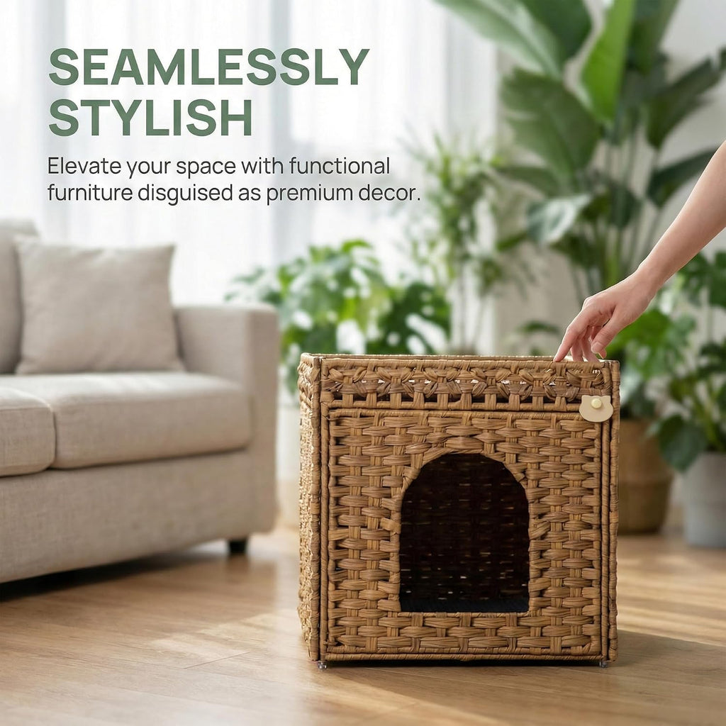 Cat Litter Box Furniture, Rattan Litter Box Enclosure Cabinet for Indoor Cats, Ventilated Covered Litter Box House, Decorative Litter Box Hider with Mat