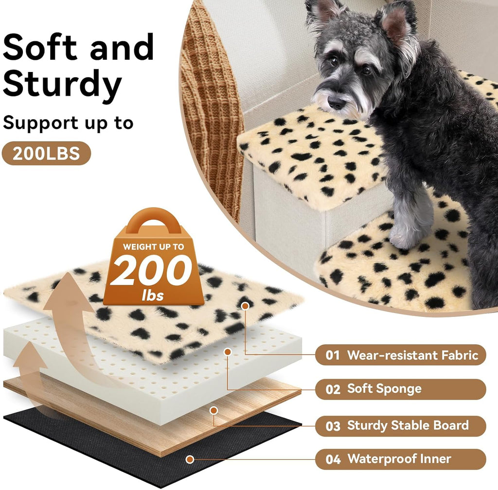 Zerbuger Dog Stairs with Storage, Beige Leopard 3 Steps Dog Ramp no Condo