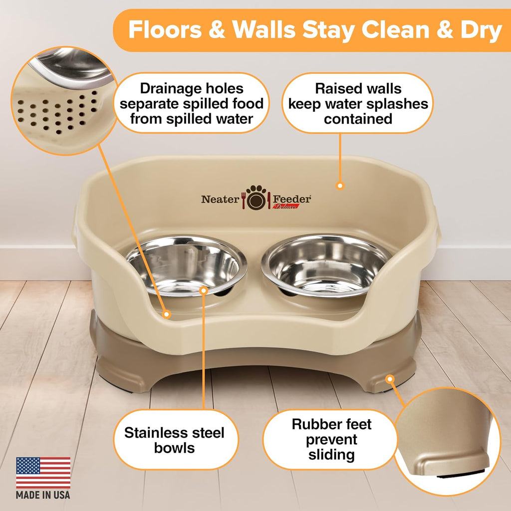 Neater Pet Brands Neater Feeder Deluxe Mess Proof Dog Bowls Elevated for Small Dogs Under 19 lbs, Made in USA, No Spill Raised Dog Food Bowl Stand Feeding Station, Food and Water Bowl Set, Cappuccino 