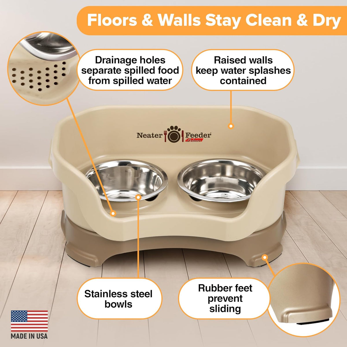 Neater Pet Brands Neater Feeder Deluxe Mess Proof Dog Bowls Elevated for Small Dogs Under 19 lbs, Made in USA, No Spill Raised Dog Food Bowl Stand Feeding Station, Food and Water Bowl Set, Cappuccino 