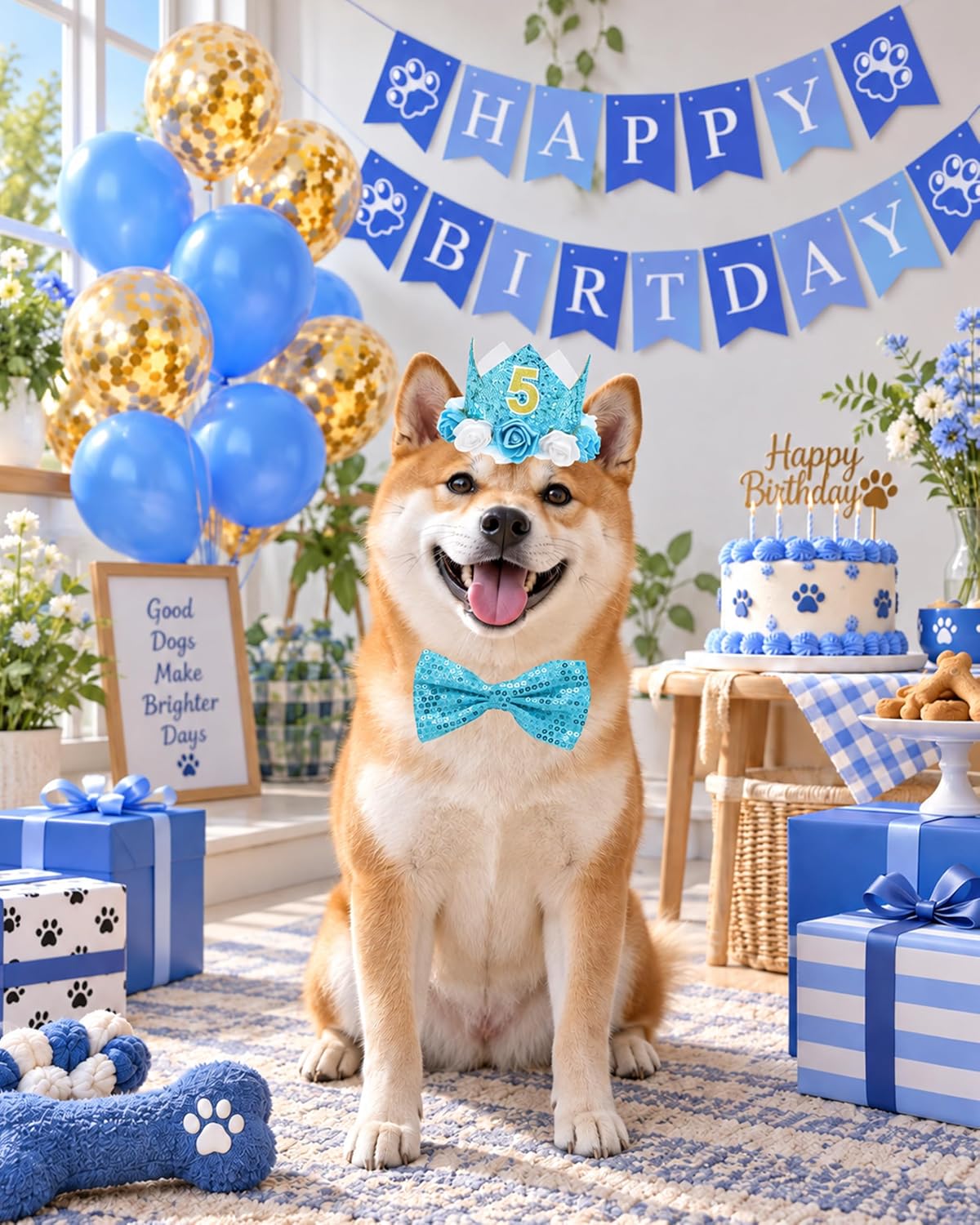 PET SHOW Dog Birthday Party Decorations Blue Crown with Bandana & Bowtie