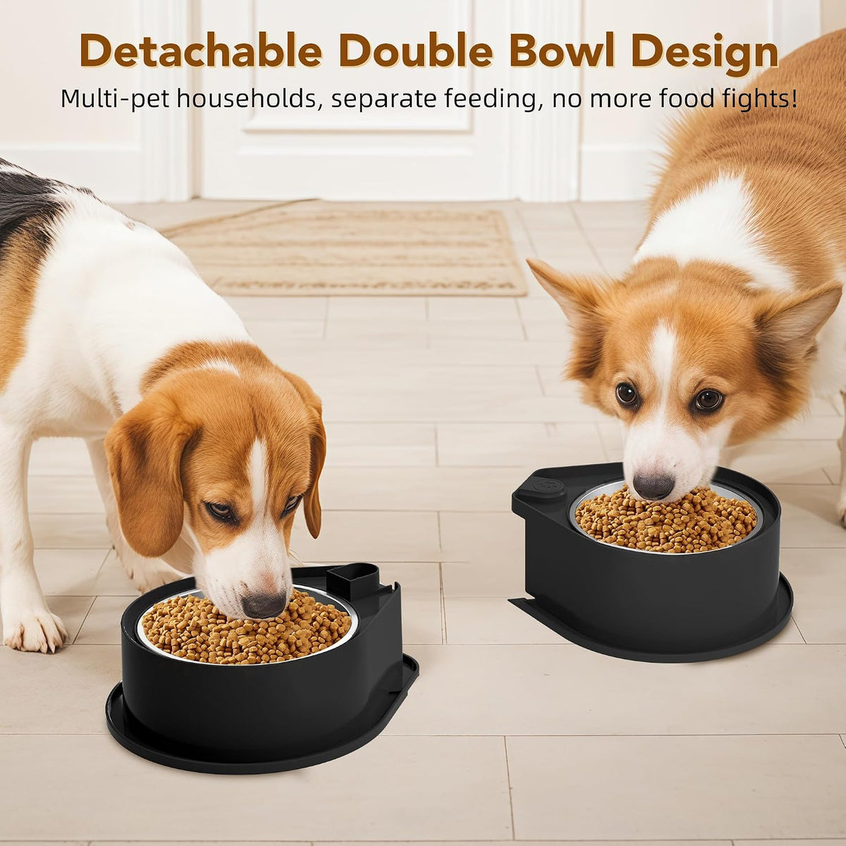 Newget 304 Stainless Steel Dog Bowl Set, 24oz Foldable Pet Dishes, Black | Dual Food & Water Pet Bowl, Anti-Skid, Keeps Food Fresh, Easy to Install, for Small - Large Dogs/Cats - Indoor & Outdoor Use