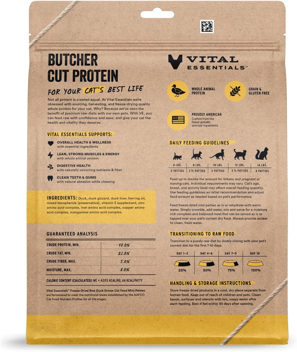 Vital Essentials Freeze Dried Cat Food, Duck Mini Patties, 15 oz Bag