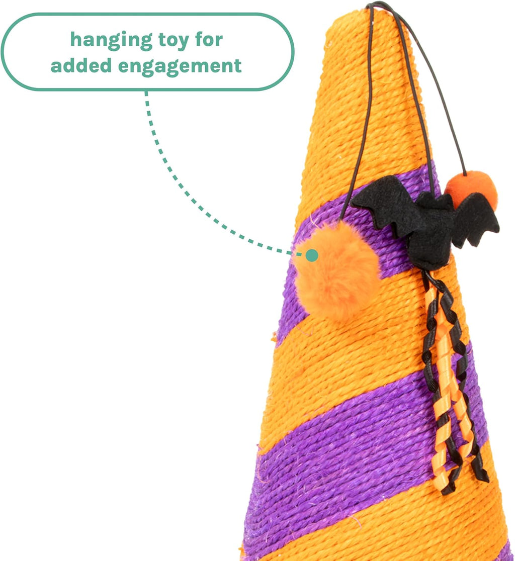 Kitty City Witch HAT Halloween Cat Scratcher Post - Sisal Kitty Scratcher with Dangling Toy, Indoor Halloween Cat Toys, Spooky Decor Kitten Vertical Scratching Tree Tower, Nail Care – Orange & Purple