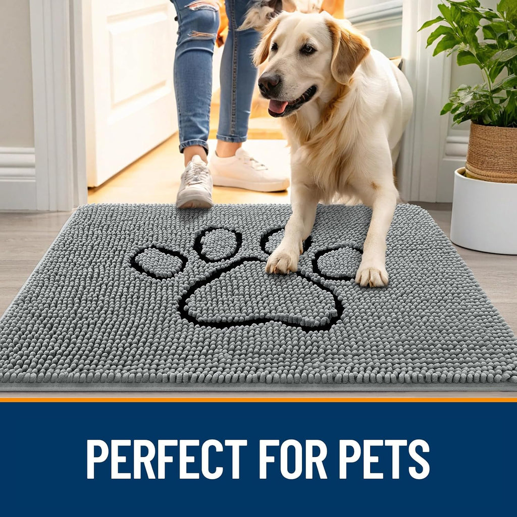 OLANLY Dog Door Mat for Muddy Paws 24x16, Paw Print Design Chenille Mud Mat