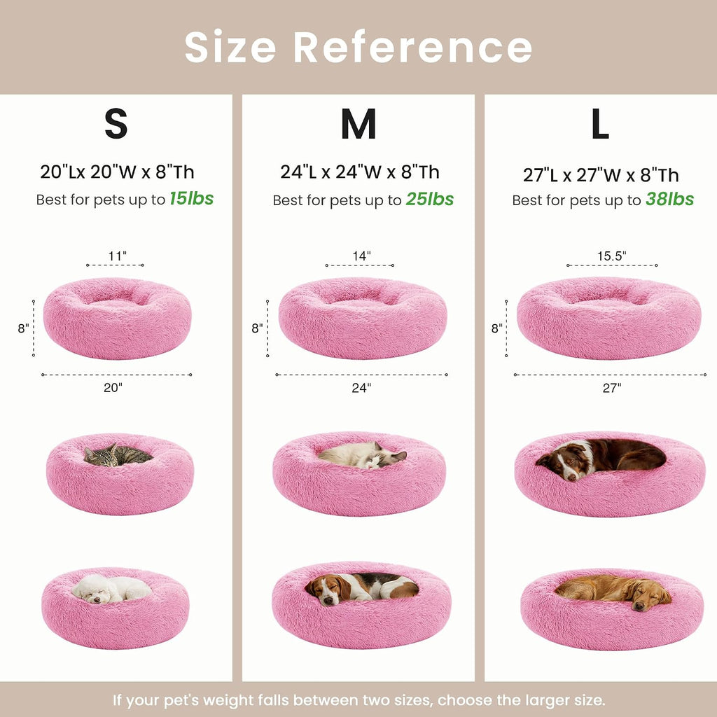 Love's cabin Calming Cat Bed for Indoor Cats, Anti-Anxiety Donut Round Dog Bed, Fluffy Faux Fur Washable Pet Bed for Small Medium Dogs and Cats, Pink, 20in