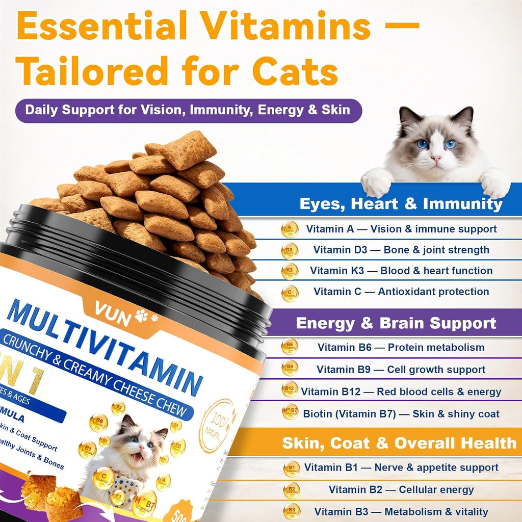 VUN Cat Vitamins Crunchy&Creamy Chews-Multivitamin for Indoor Cats