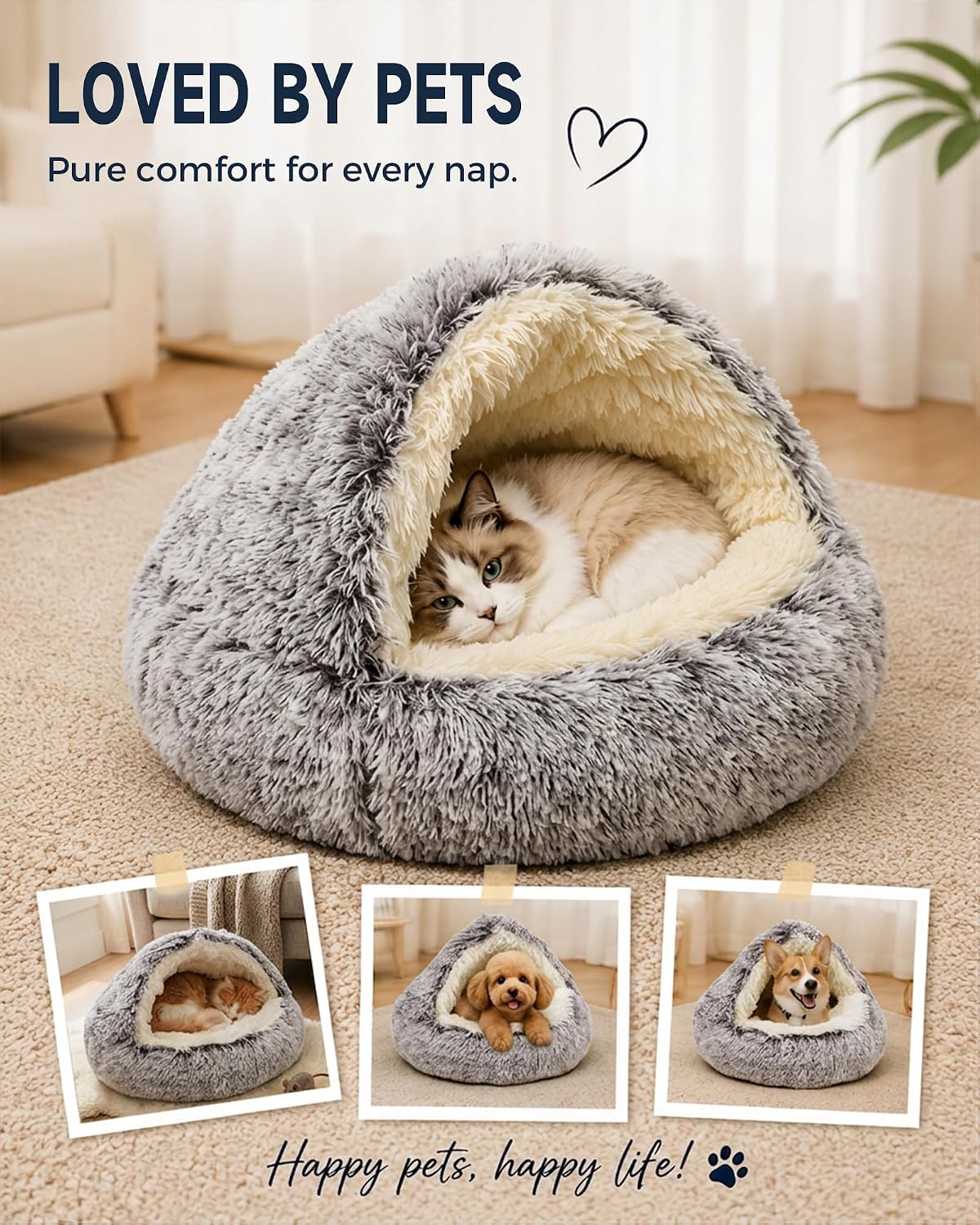ShinHye Cat Bed Round Plush Fluffy Hooded Cat Bed Cave, Cozy for Indoor Cats or Small Dog beds, Soothing Pet Beds Doughnut Calm Anti-nxiety Dog Bed - Waterproof Bottom Washable, (23×23inch, Coffee)