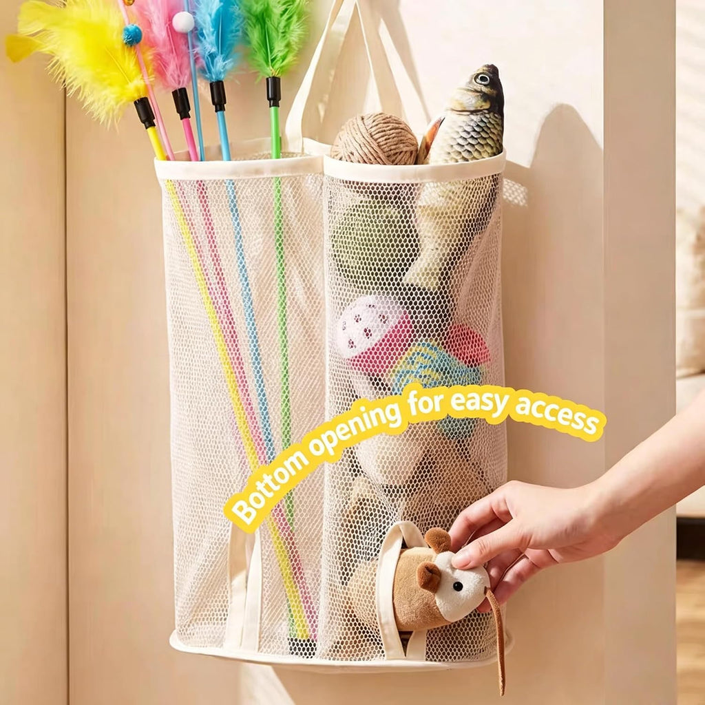 2 Pcs 15.16" Height Cat Wand Toy Organizer Storage Holder Bag, Not Suitable for Small Toys (w/ an Opening in the Bottom), Kitten Stick Toy Mesh for Cat Feather Toys Wall Hanging with Adhesive Hooks