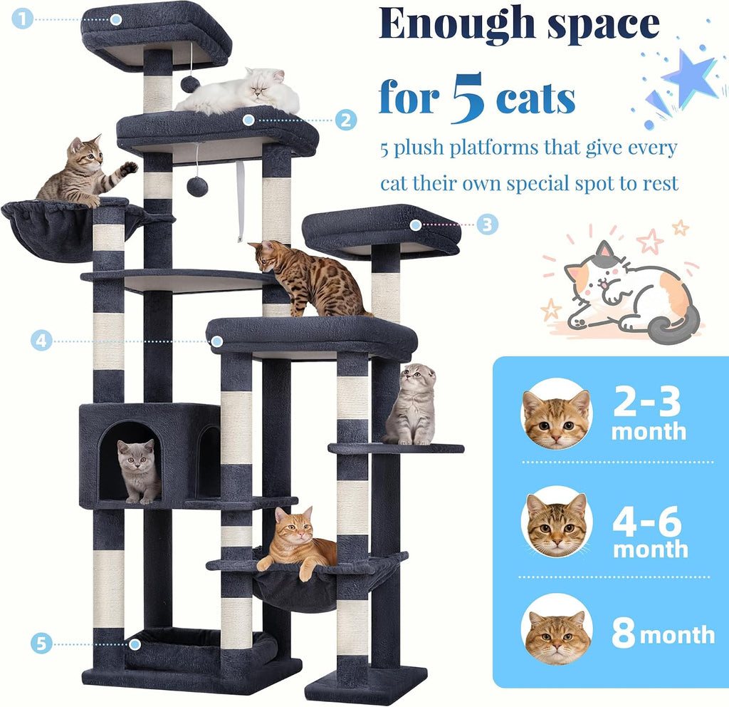 Hey-brother Cat Tree Tower, Wide Base, 5 Platforms for Multi-Cats, MPJ074G