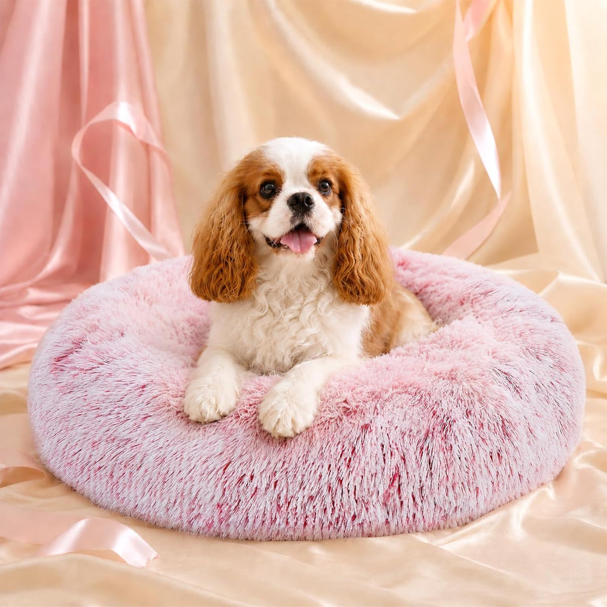 JOLLYVOGUE Calming Small Pink Dog & Cat Bed for Indoor Cats - 20 inches Washable Donut Bed for Kittens & Puppies, Anti-Anxiety Round Fluffy Plush Pet Beds (Fits up to 15 lbs, Smoke Pink)