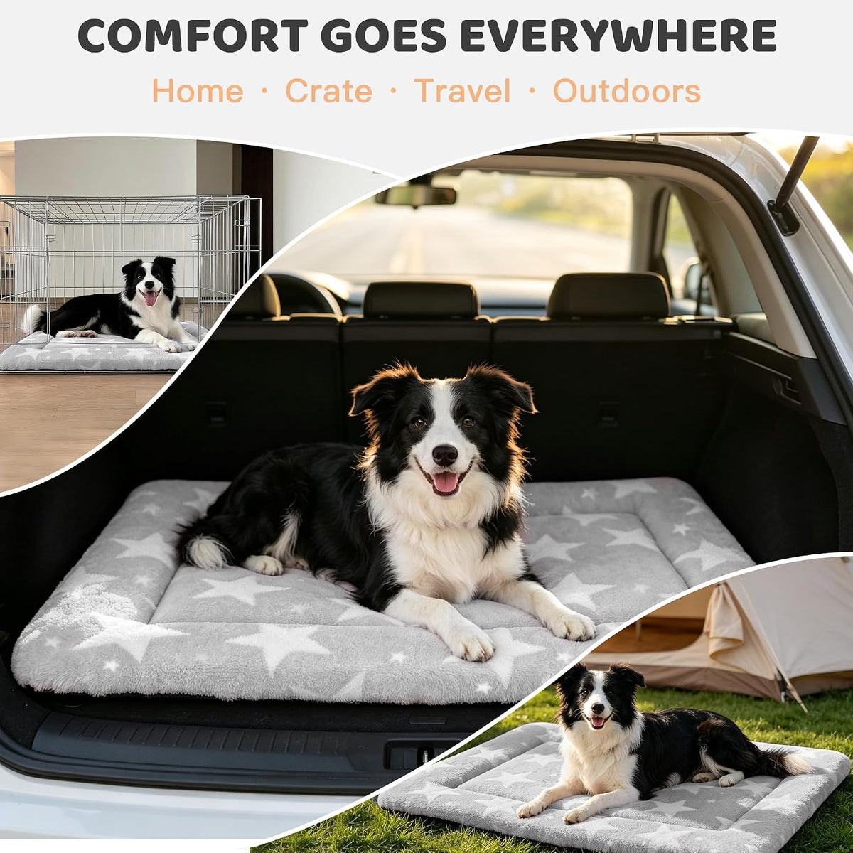 Dog Bed Mat, Reversible Crate Pad & Cute Dog Bed - Machine Washable Kennel Mat with Ultra Soft (Big&Small Stars Gray, 30" L*20" W*1.5" Th)