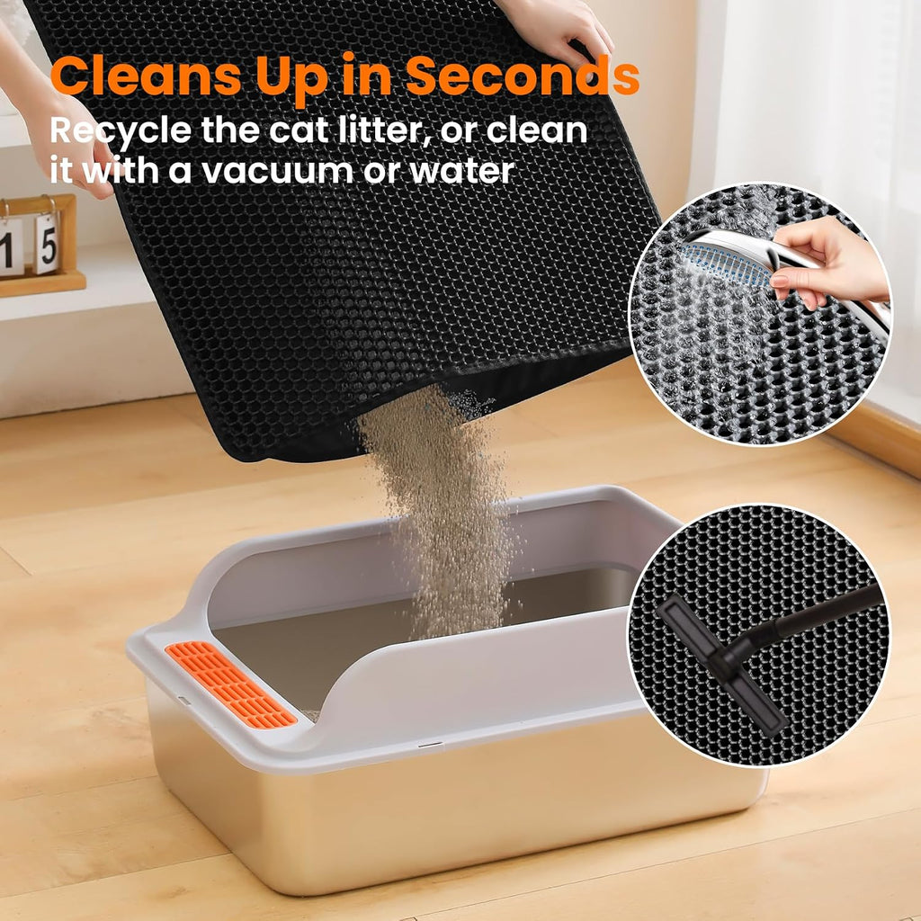 Extra Large Cat Litter Mat, Double Layer Honeycomb Design | 30x22”, Reduces Litter Tracking, Easy to Clean, Waterproof, Non-Slip, Soft on Paws, Scratch Resistant, Black, XL