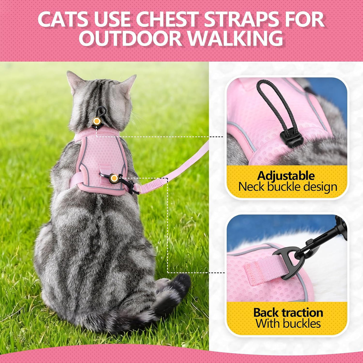 JOHNBOLIN Cat Harness and Leash Set - Escape Proof, Adjustable Breathable Vest Harnesses with Reflective Strips, Easy Control & Secure Walking for Small Medium Large Cats Kitten Collar (Pink, Medium)