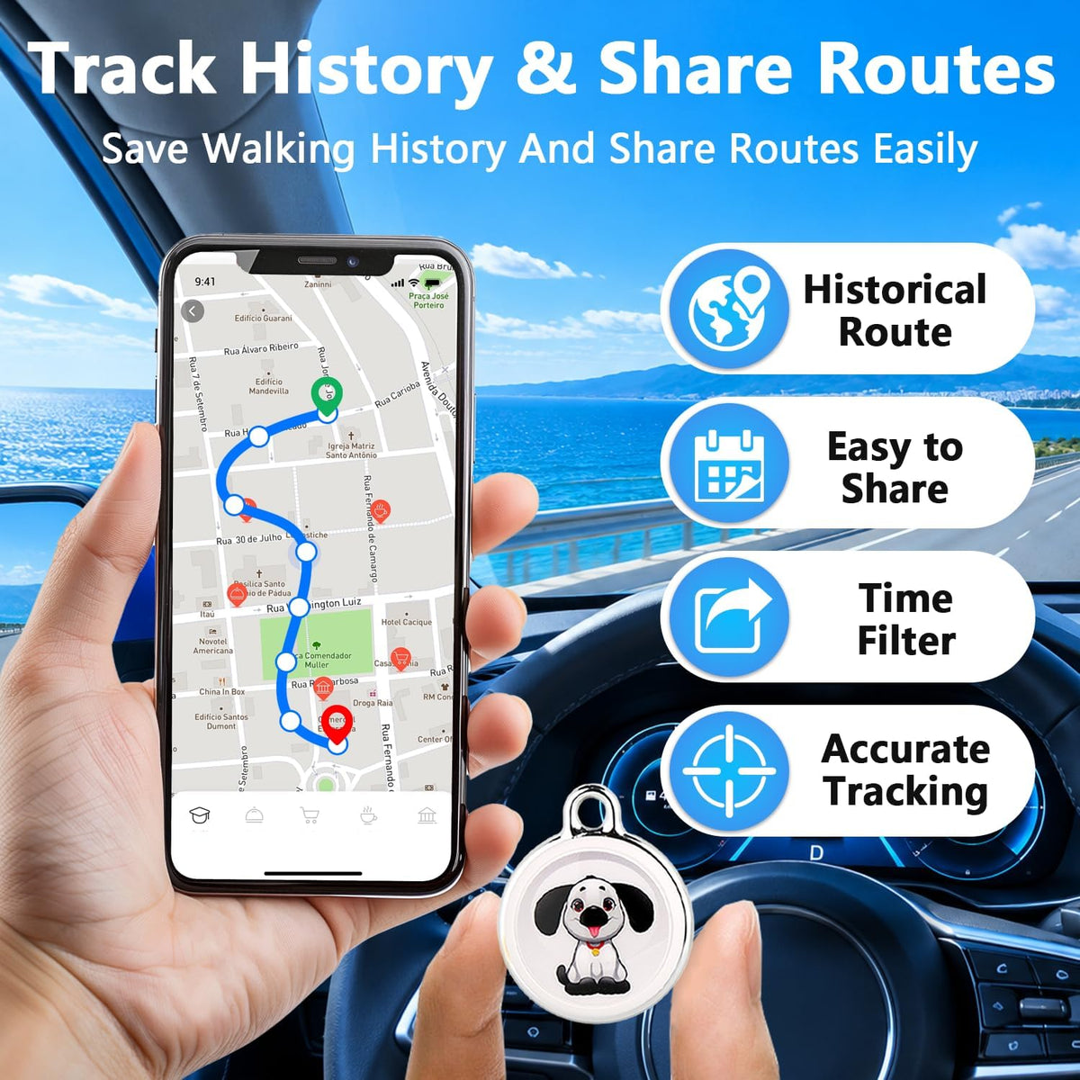 GPS Tracker for Dogs, Real-Time GPS Tracking Device for Cats, Pet Wearable Holder & Keychain Design, No Monthly Fee/No SIM Card, for Android and iOS, Long STBY,IP68 WP,Lightweight
