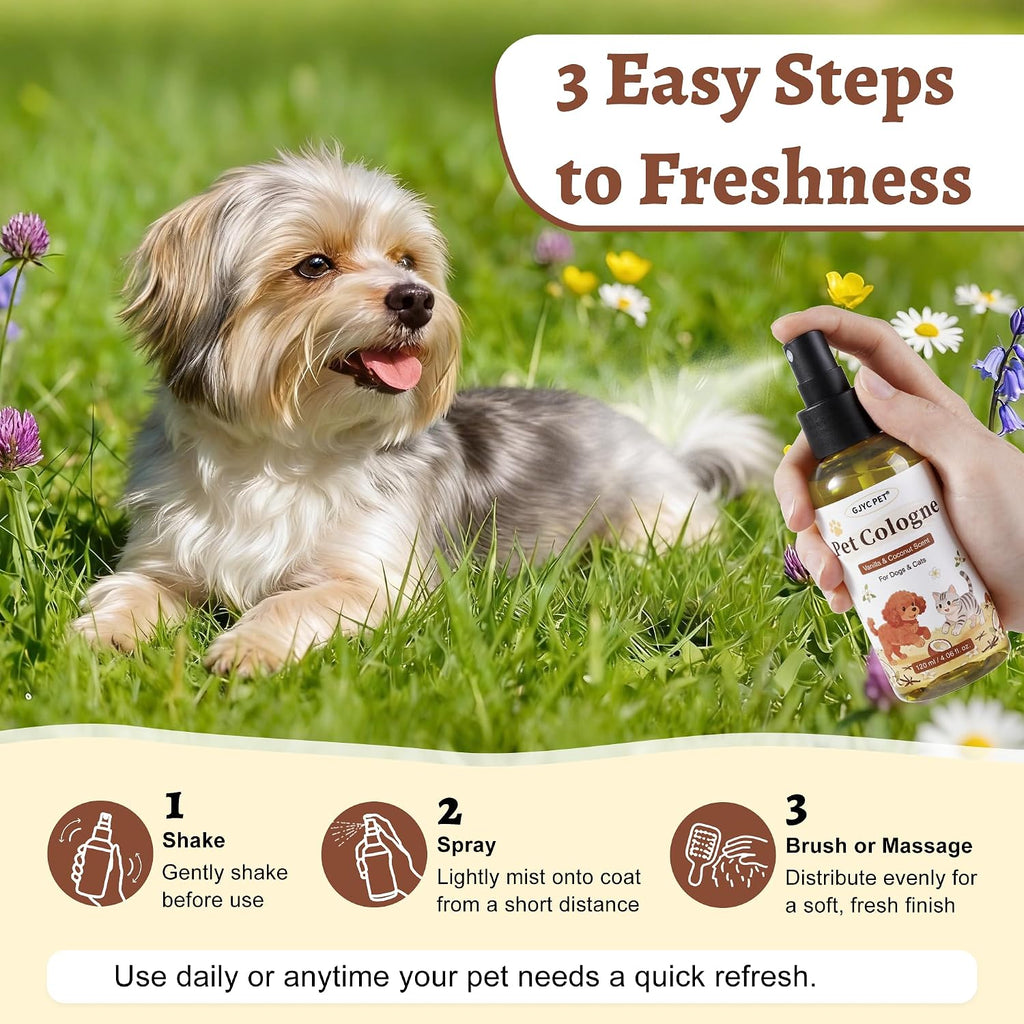 Dog Perfume & Cologne Spray – Long-Lasting Vanilla Coconut Scent, Alcohol-Free Deodorizing Spray, Gentle Grooming Mist, Fur Condition & Coat Fresh, Non-sticky, Dogs & Cats, 4.06 fl.oz