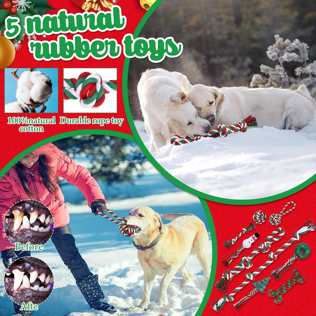 Vinsot 12 Pack Christmas Dog Gifts Large Dog Toys for Aggressive Chewers | Red Green White Dogs Teething Toys with Dental Rope Squeaky Balls and Chew Bone for Medium Large X-Large Breeds Dogs