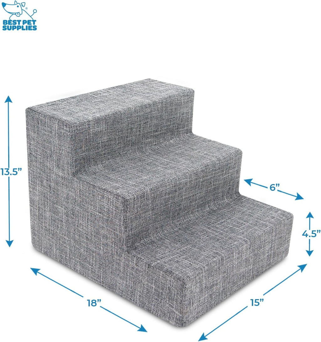 Best Pet Supplies Dog Stairs & Steps - Foam Steps for Small Dogs & Cats, Non-Slip Indoor Balanced Pet Step Support, Dog Ramp, No Assembly, Ash Gray Linen, 3-Step (13.5-inch Height)