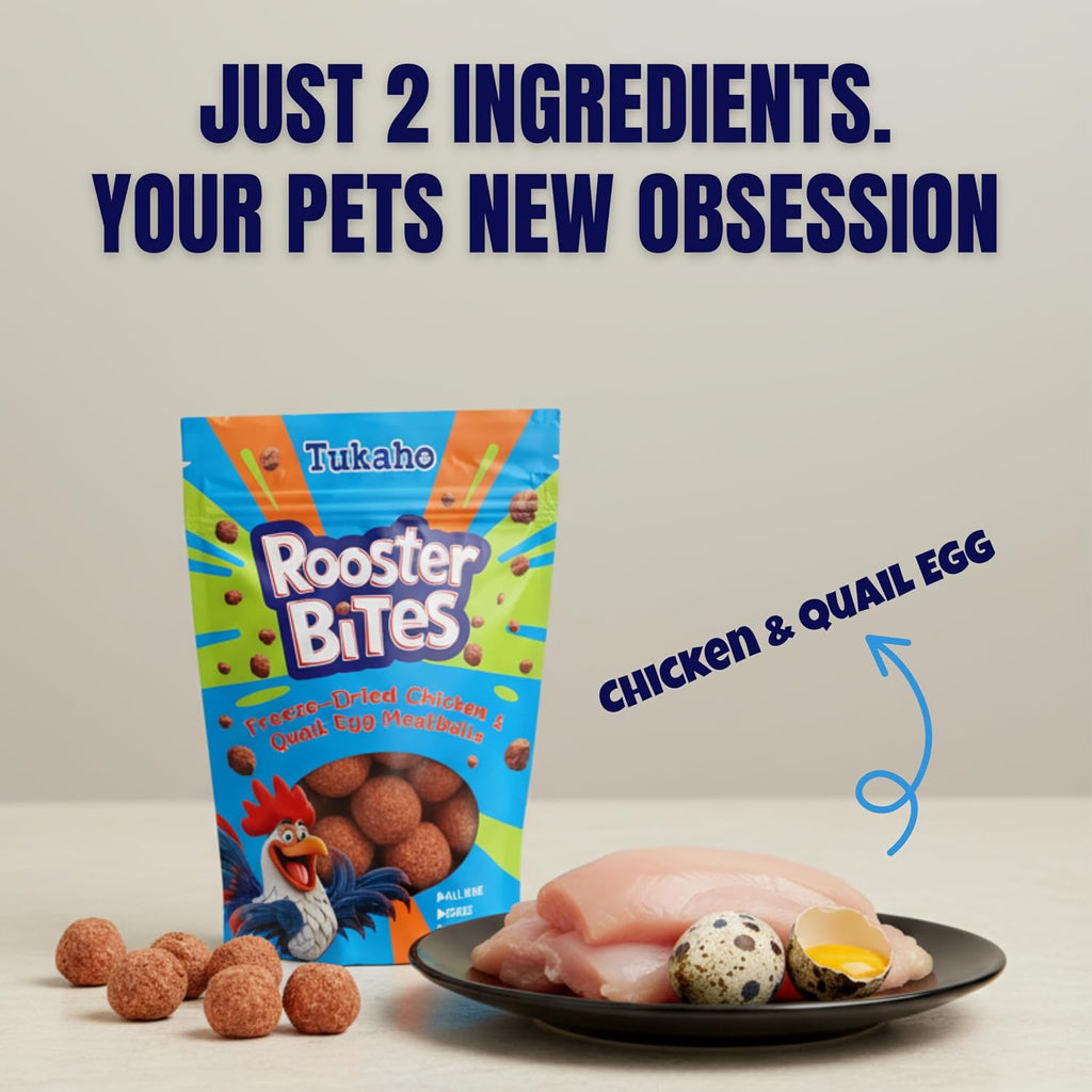 Rooster Bites Chicken Quail Egg Dog & Cat Treats – Only 2 Ingredient Freeze Dried Training Treats - High Protein, All Natural, Made in USA - Picky Eater Approved