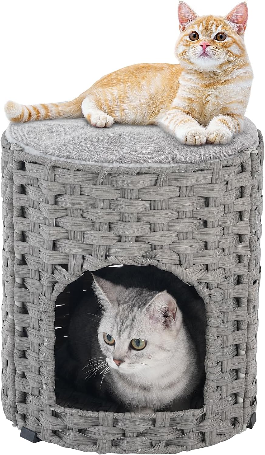 SETVSON Cat House for Indoor Cat, Small Handwoven PE Rattan Cave, Gray