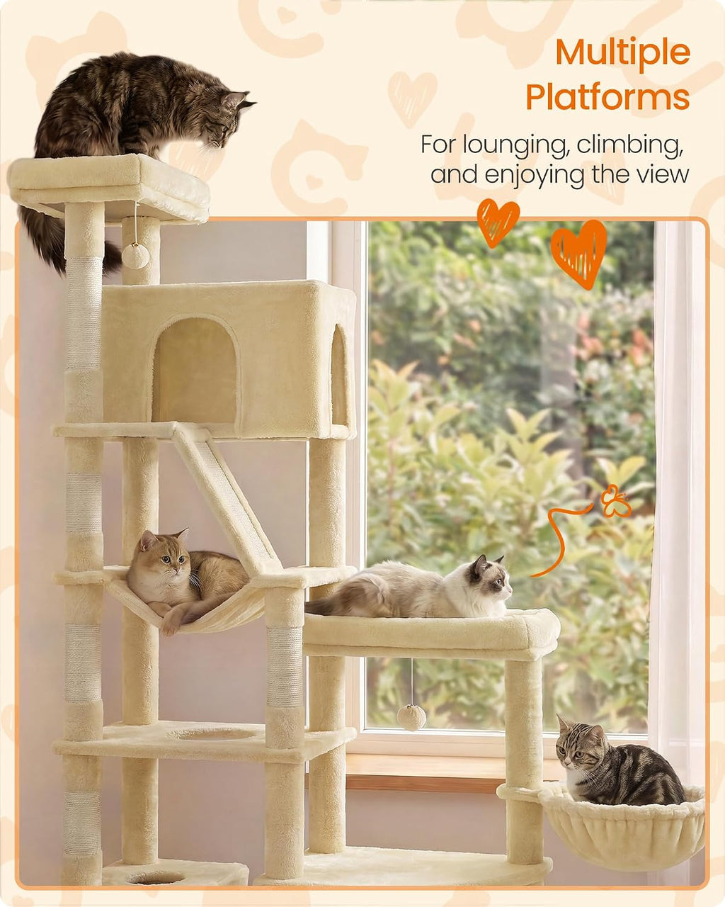 Feandrea Cat Tree, 74.1" Heavy Duty Cat Tower Condo for Indoors, Beige