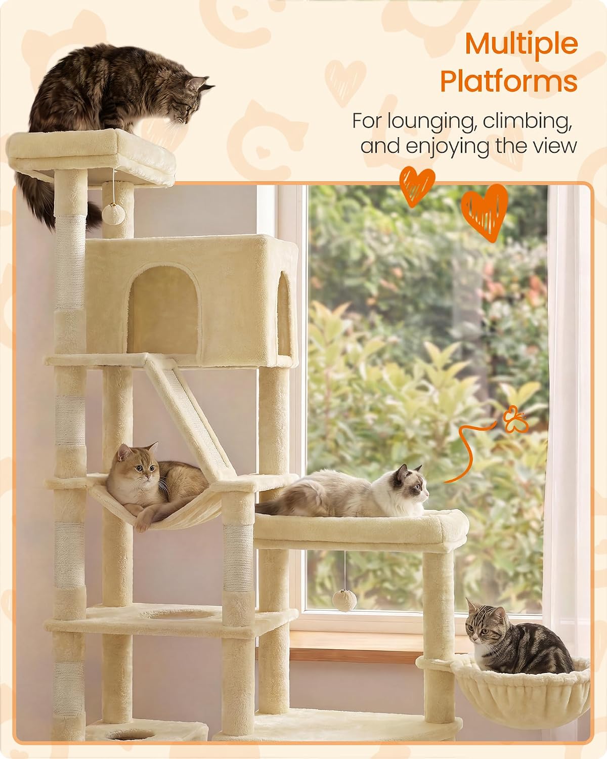 Feandrea Cat Tree, 74.1" Heavy Duty Cat Tower Condo for Indoors, Beige