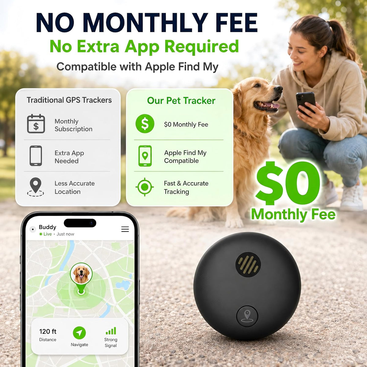 Dog Tracker, GPS Tracker for Dogs, No Monthly Fee, with Reflective Collar