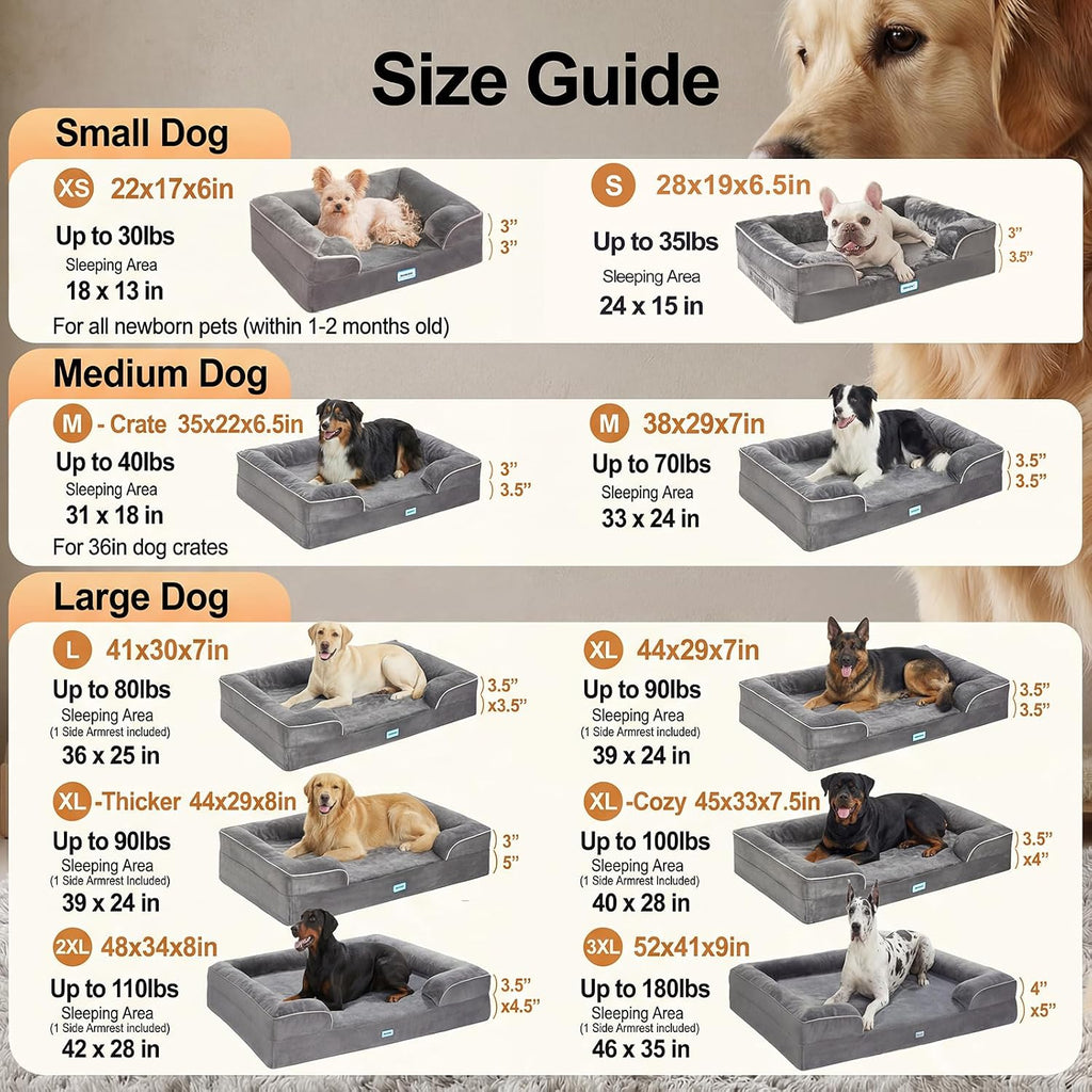 OhGeni Orthopedic Medium Large Dog Bed Sofa, Memory Foam, 35-inch (Gray)