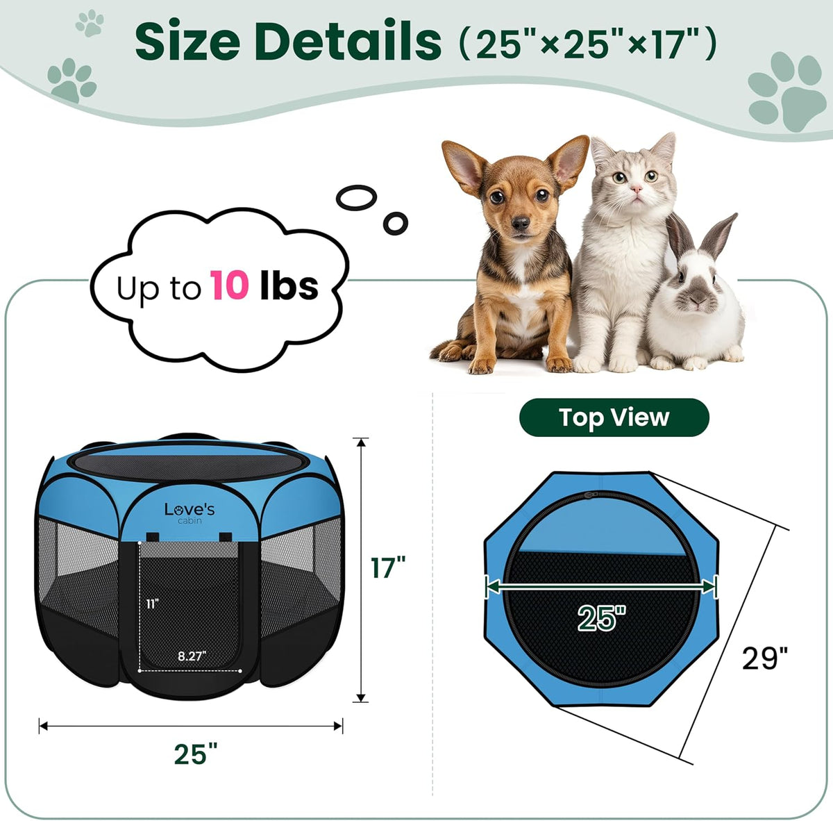 Love's cabin Pet Puppy Dog Playpen, Small Dog Tent Crates Cage Indoor/Outdoor, Portable Playpen for Cat, Foldable Pop Up Dog Kennel Playpen with Carring Case, Removable Zipper Top, Blue