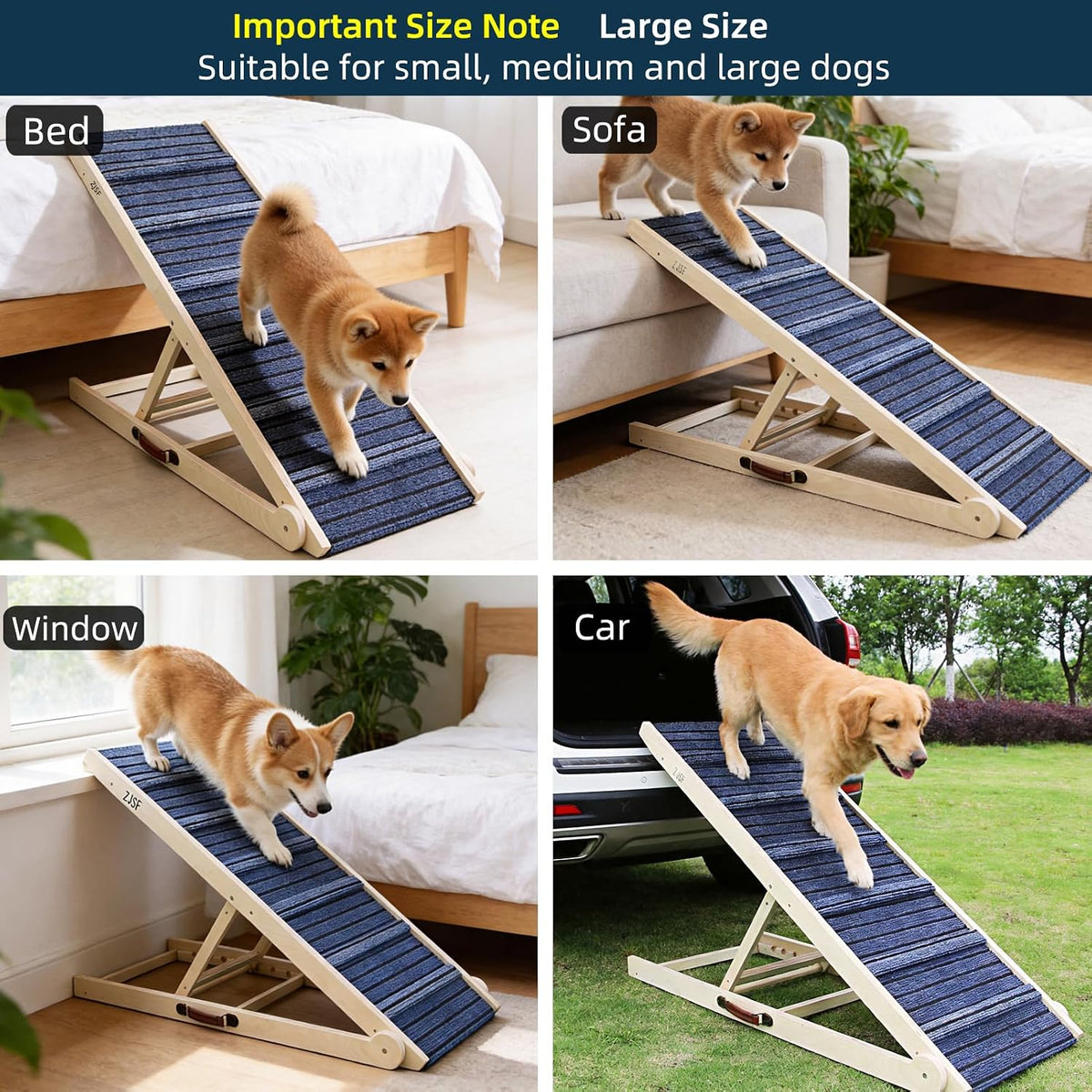 ZJSF Foldable Dog Ramp for High Bed, Wooden Dog Stairs to Bed for Small and Large Dogs, High Traction Platform with 6 Adjustable Heights (13.5"-30"), 48" L, Supports up to 220 lbs