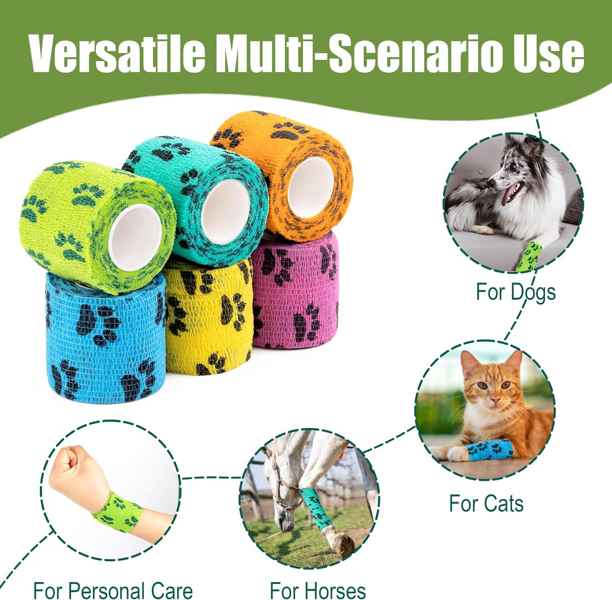 Vet Wrap Cohesive Bandages, Self-Adhesive Bandage Wrap, Breathable Non-Woven Self Adherent Tape for Pet Dog Leg Paw Wound, Horse, Cat, First Aid & Ankle Sprain, 2 Inch (6 Rolls)