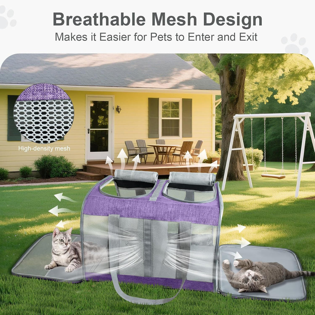 Soft-Sided Cat Carrier for 2 Cats, Gray, Breathable Mesh Design, Airline Approved Travel Bag for Small to Large Cats, Expandable with Shoulder Strap (Purple)