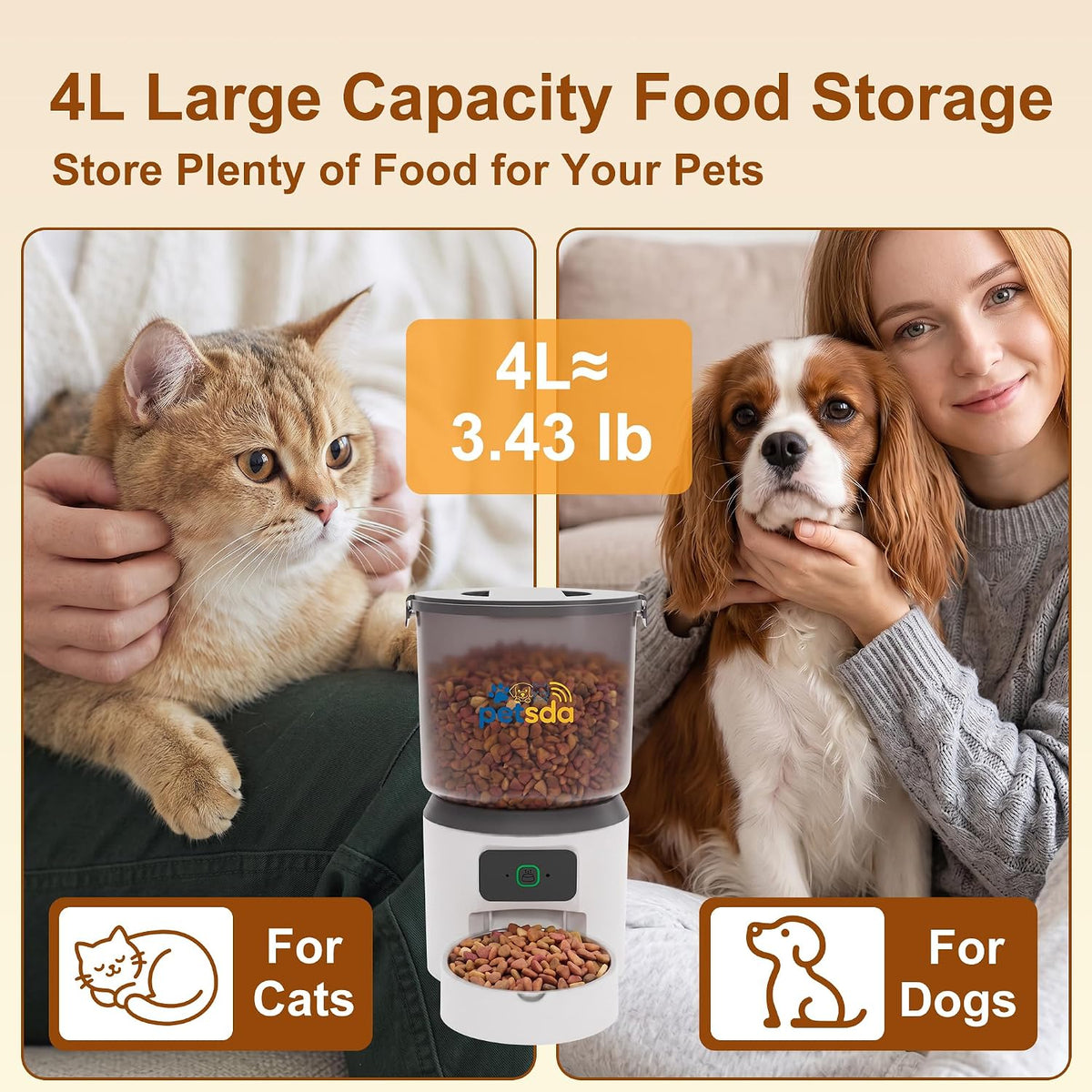 Automatic Cat Feeders 4L Timed Dry Food Dispenser WiFi 10 Meals Programmable 1-12 Portion Per Day with APP Control Dual Power Supply with Stainless Bowl for Multi-Pet Easy Clean