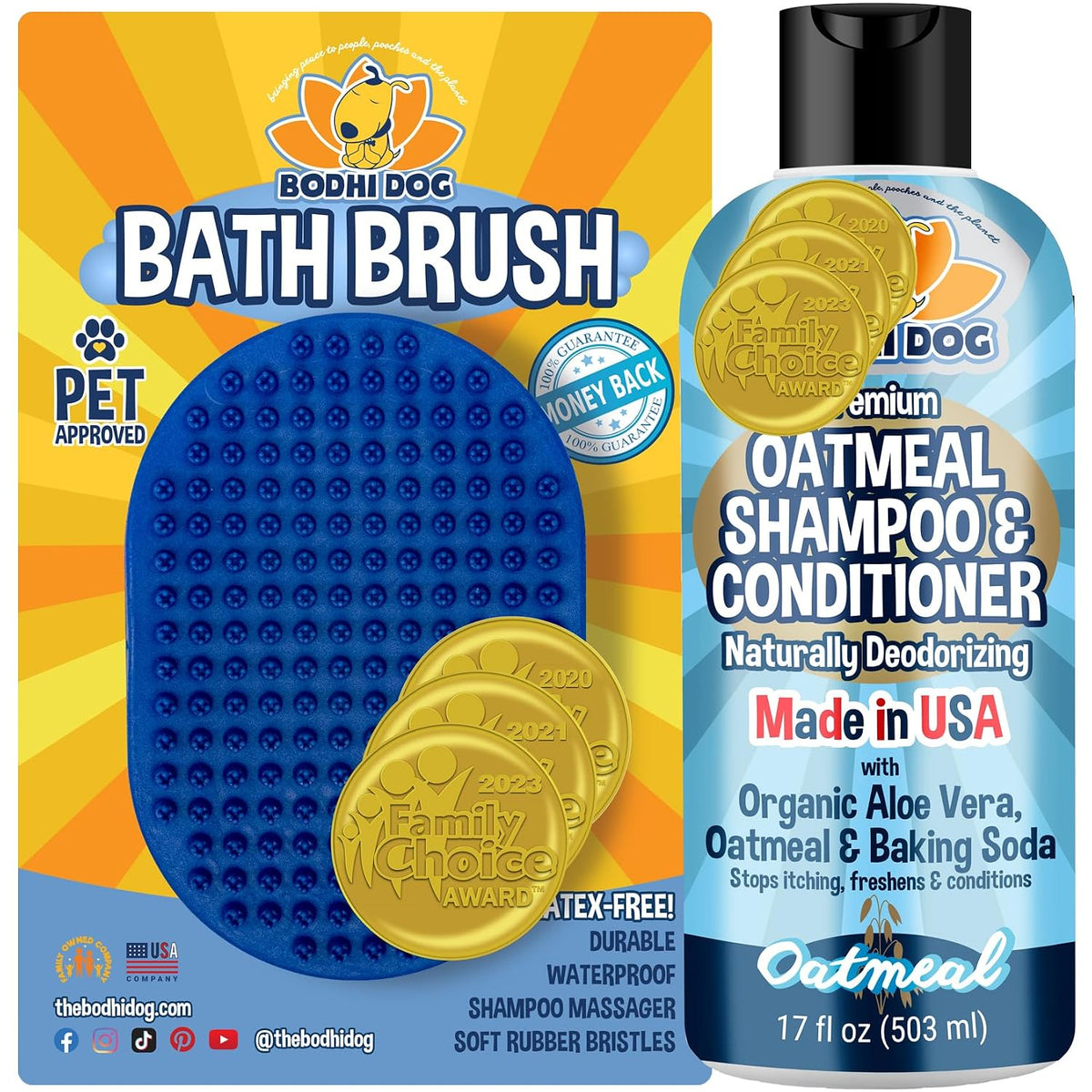 Bodhi Dog Grooming Bundle - Oatmeal Shampoo & Conditioner with Bath Brush for Shower, Showerhead, Sprayer & Bathing - Gentle Care for Long, Short & Curly Hair